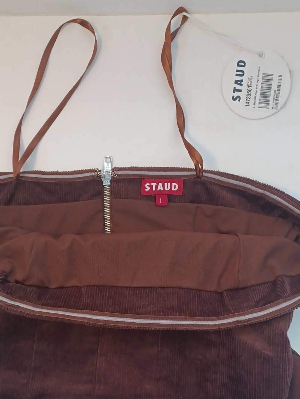 STAUD Brown Corduroy Woodgrain Strapless Bustier Top Sz.L. NWT! - Picture 5 of 7